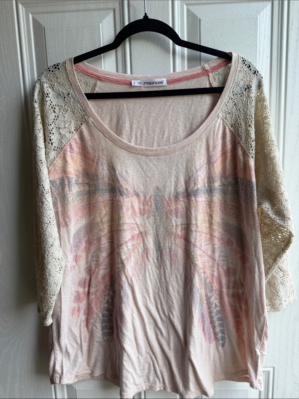 Maurices Cream Lace-Sleeve Graphic Boho Western Tee with Pink Accents 2X